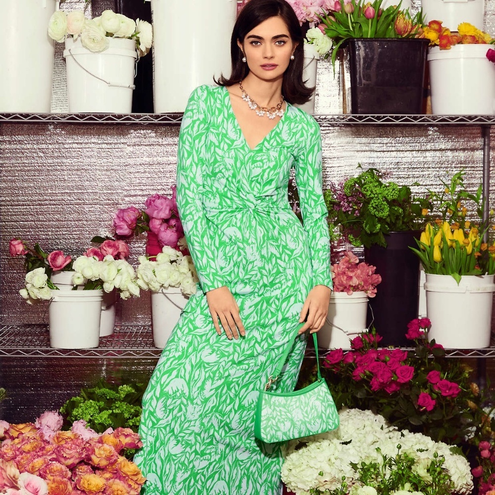 Lilly Pulitzer Green and White Leaf-Print Wrap Maxi Dress